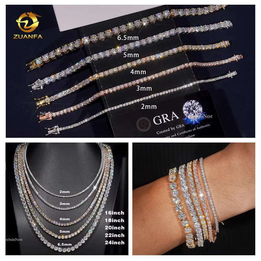 Men Women Hip Hop Iced Out Fine Jewelry 2MM 3MM 4MM 5MM Lab Dia S Sier Vvs Moissanite Tennis Chain Necklace