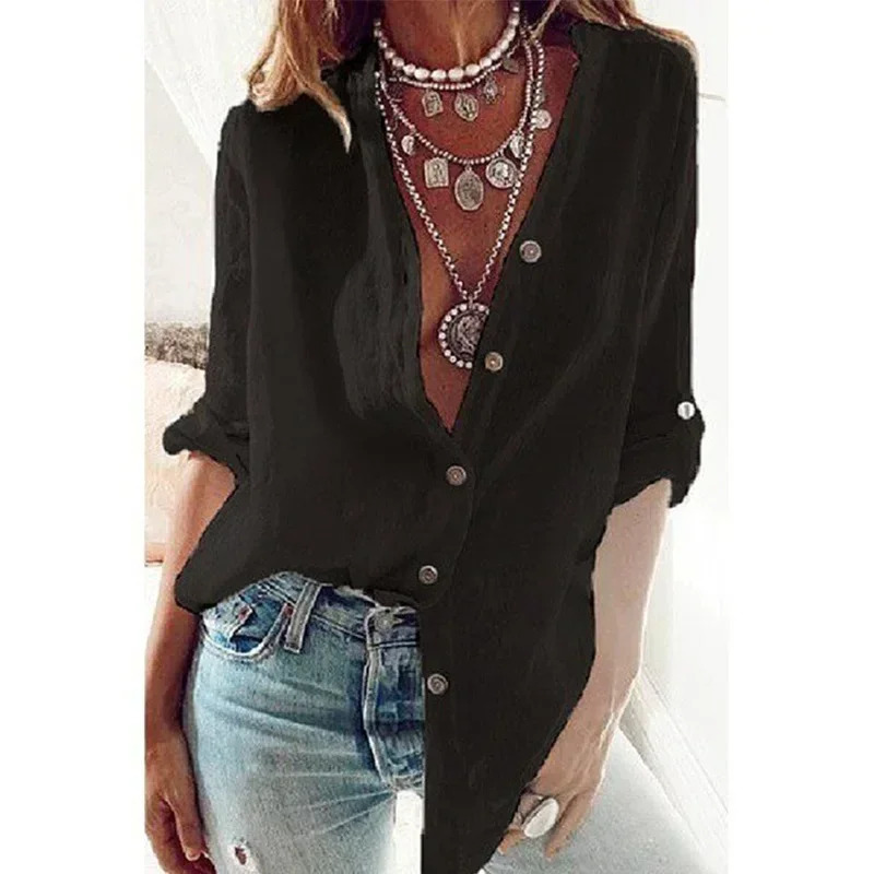 Summer Womens Cotton Linen Shirt Fashion Solid Color Casual Loose Button V-Neck Long Sleeve Top Wear 250402