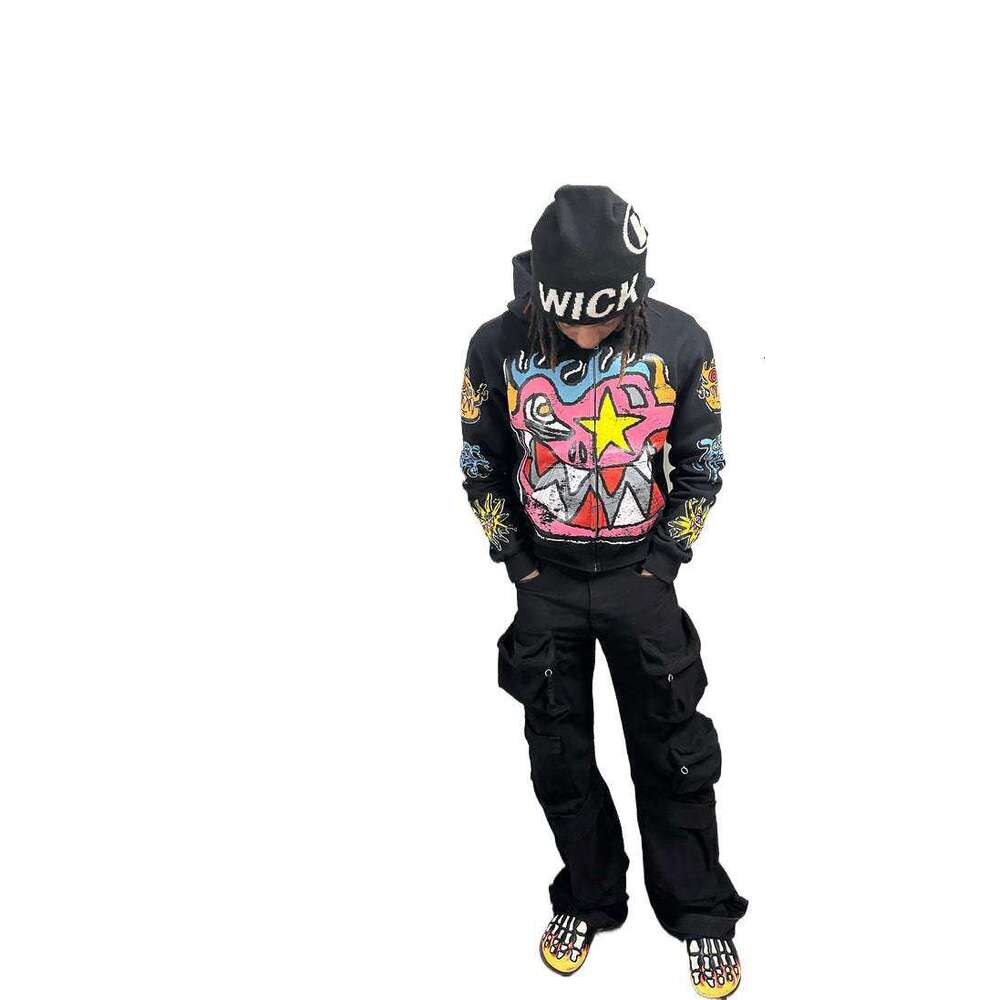 Cartoon print Y2K unisex loose pullover hoodie