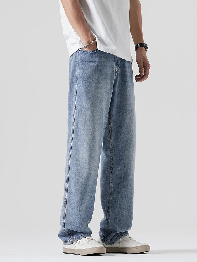 Korean fashion mens casual bag jeans comfortable straight denim wide pants solid color Trouser streetwear 250401