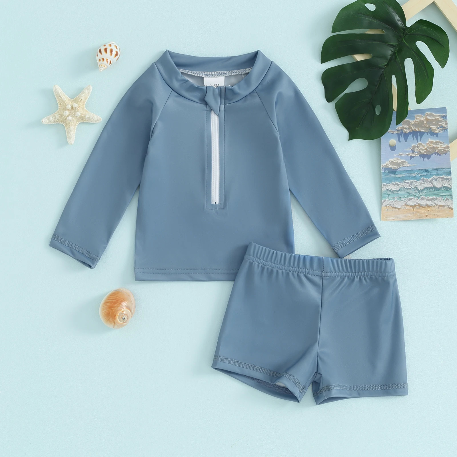 Long Sleeve Kids Boys Girls Swimwear Bikini Set Solid Color Front Zipper Toddler Swimsuit Swim Shorts Infant Beach Wear 250407