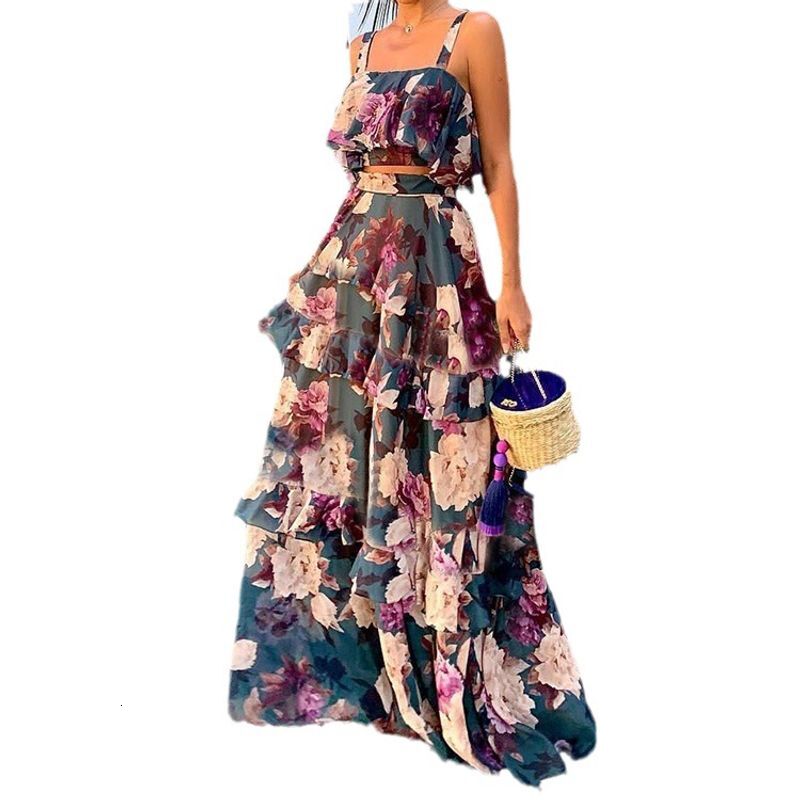 Women's Printed Two-Piece Suspender Top + Cake Long Skirt Suit Women