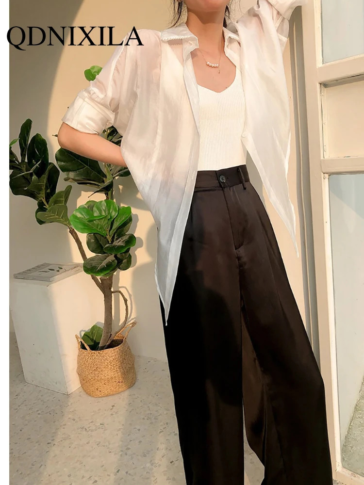 Summer and autumn womens loose classic black straight high waist casual Korean silk satin wide leg womens pants 250402