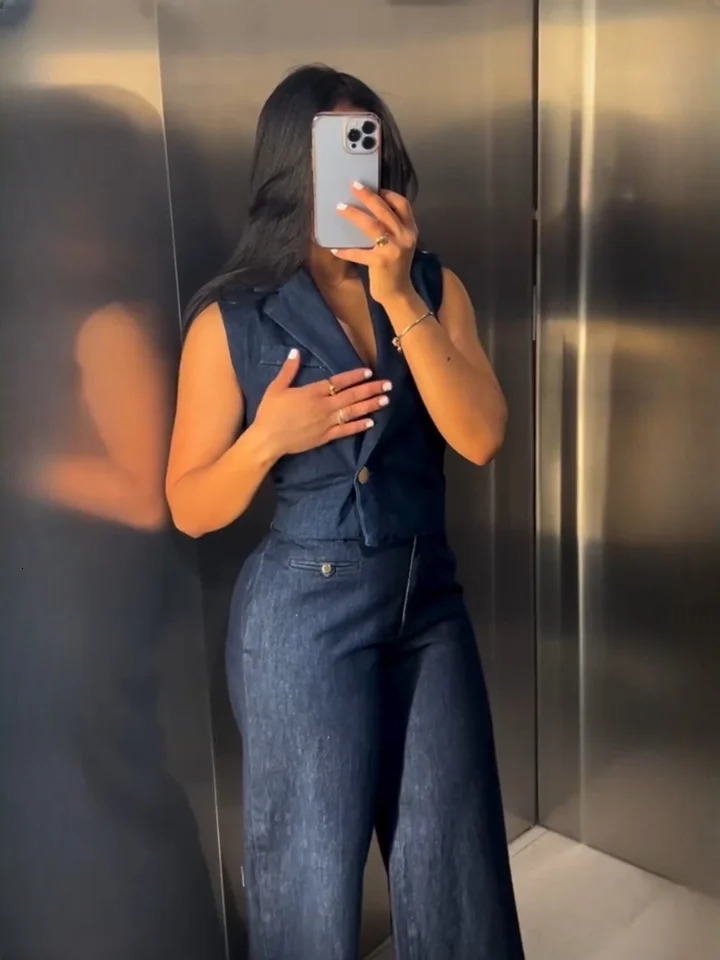 RARA Summer Womens Short Denim Tank TopStraight Wide Leg Jeans Fashionable and Unique Set 250407