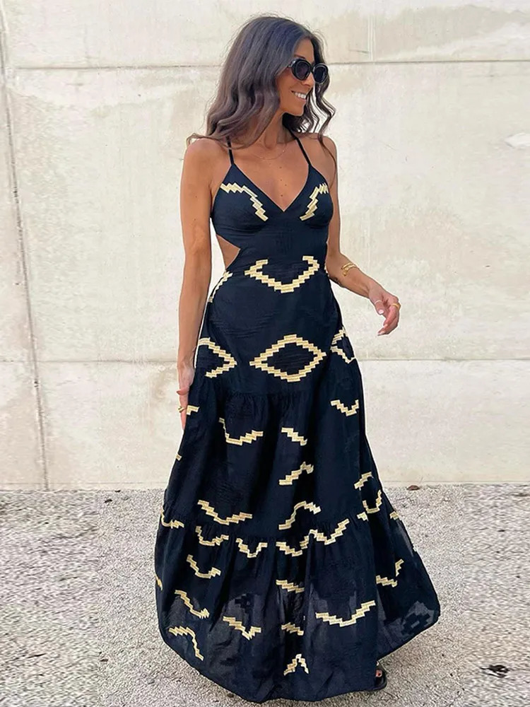 Fashionable geometric print womens long sling dress sexy backless sleeveless vacation long dress womens chic beach party dress 250401