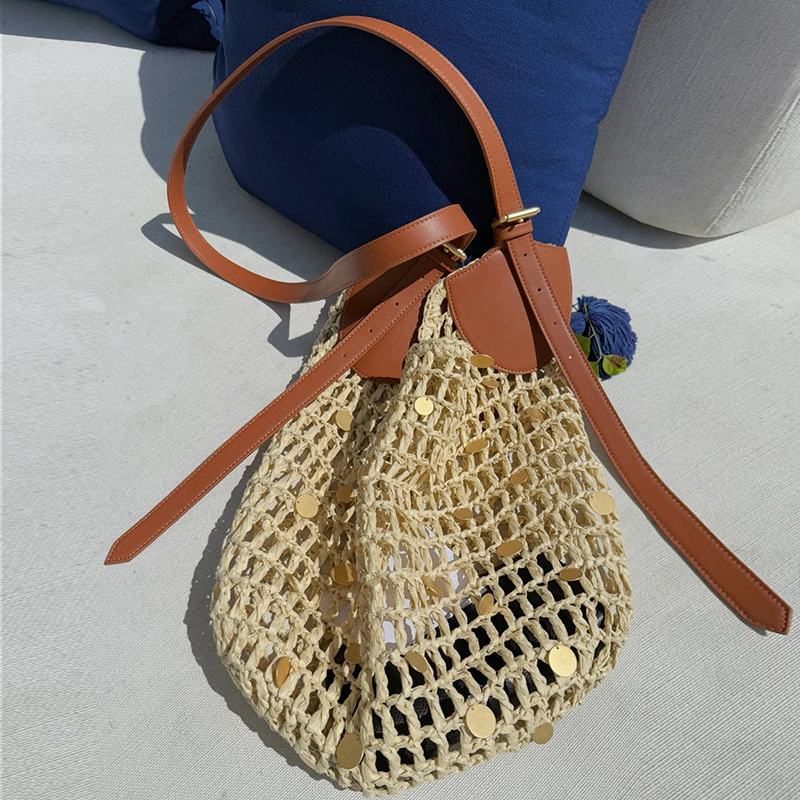 2025 Single Shoulder Hollow Cotton Thread New Cover, Grass Woven Bag, Vacation Style Beach Colorful Ball Bag