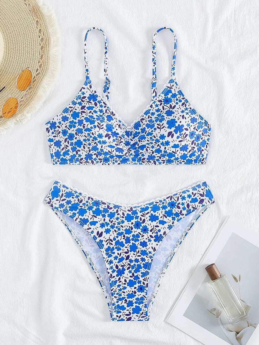 Dongdumaoyi Sexy Orange Floral Print Bikini Mujer Women Ruffles Pleate Push Up Micro Swimsuit Beach Holiday Bathing Suit Thong Swimwear