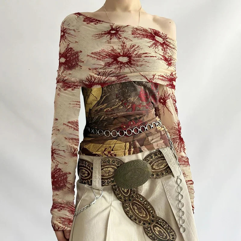 Retro Y2K aesthetic floral print slanted neck long sleeved Tshirt with mesh see through cut top for womens retro fashion 250407