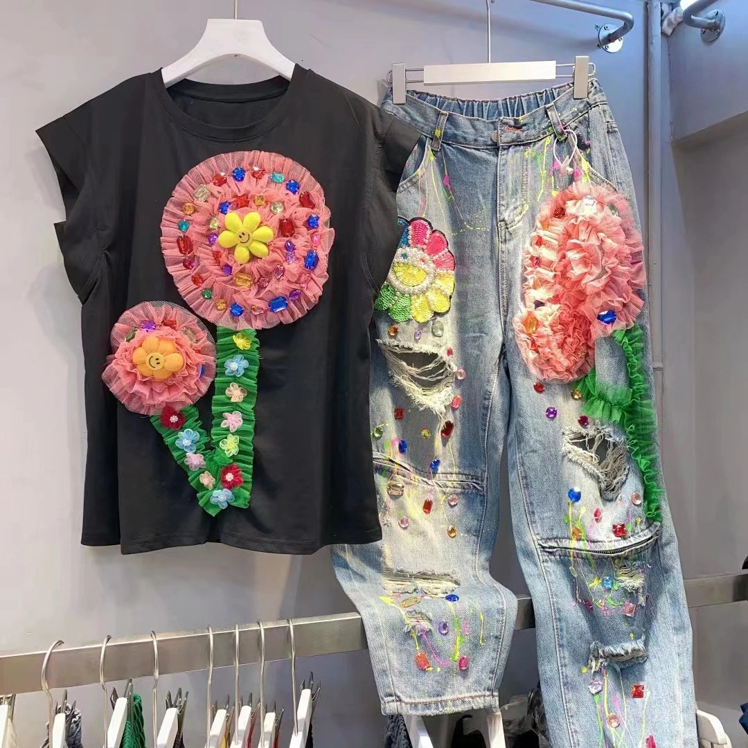 Chic Women Spring Floral Embroidery Diamonds Beaded Holes Denim Pants High Waist Loose Rhinestones Jeans Cowboy Broken Trousers 250403