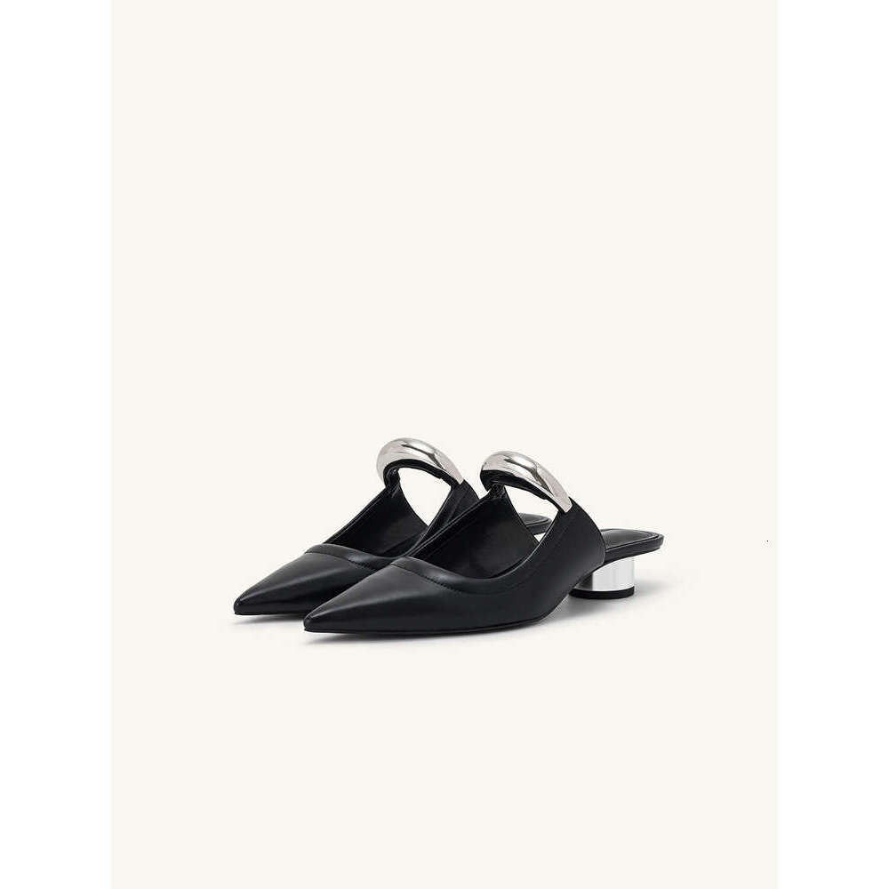 Minimalist Pointed Mules For Women, French Style, Chunky Mid Heel, Half Slippers, Metal Capped Toe, Open Free shipping Toe Sandals