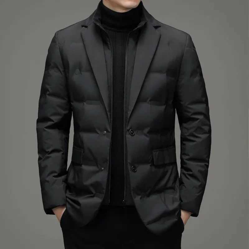 2025 Mens Winter New Fake Two-Piece Warm blazer Business Leisure Warm Stand-up Collar down JacketT251107