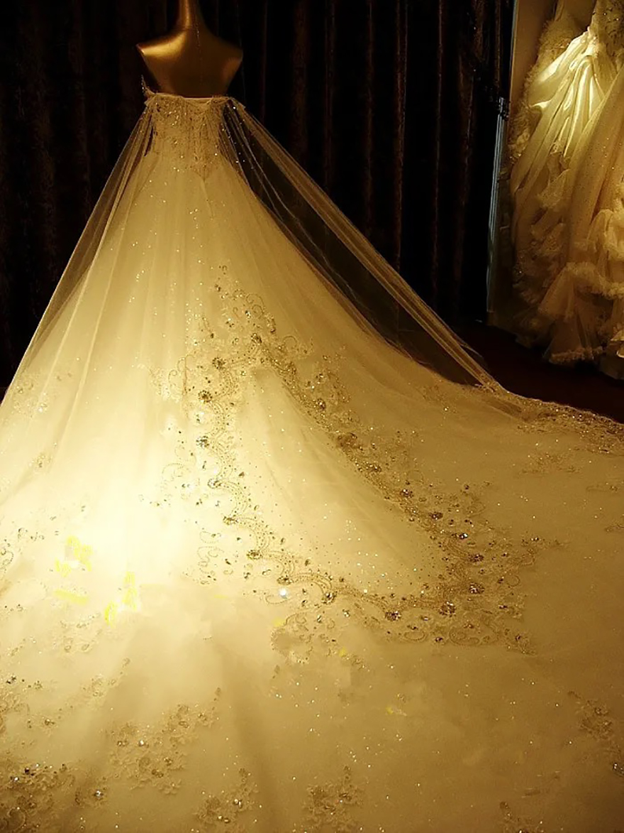 Gorgeous Crystal Long Cathedral Wedding Veils With 3D Lace Appliques Soft Tulle One Layer Bridal Veil