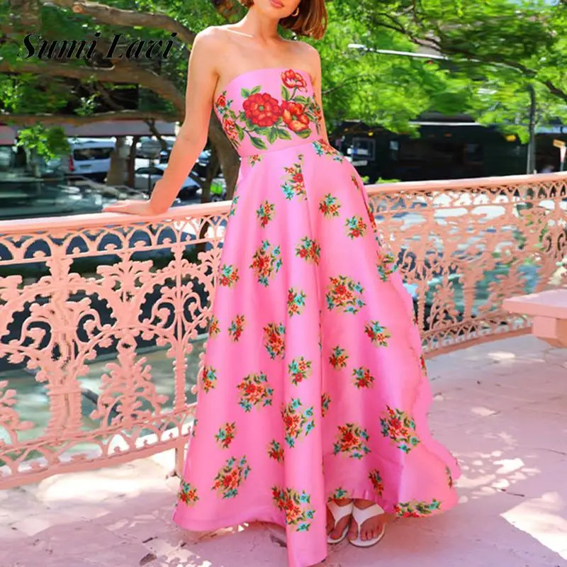 Womens fashionable floral printed beach long dress casual sleeveless high waisted party dress elegant strapless pleated ultra-thin Bosnian dress 25040