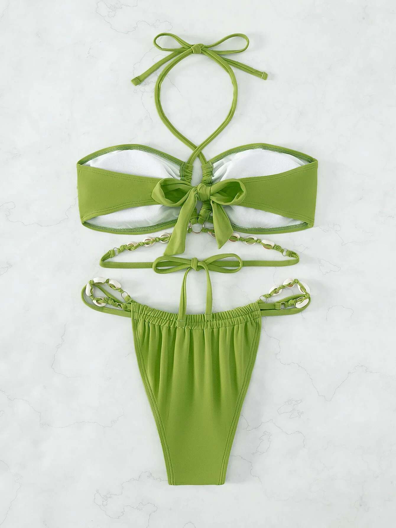 Dongdumaoyi Luxury Shell Design Bikini Set Women Solid Green Halter Bandage Cross Push Up Triangle Swimsuit Bathing Suit Micro Swimwear