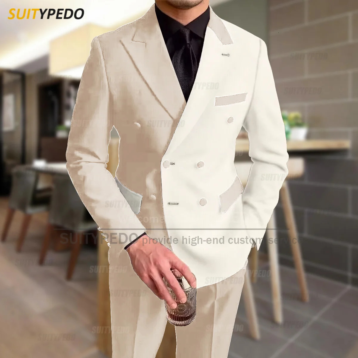 Fashionable black ivory patchwork mens casual party classic double chest jacket evening dinner elegant jacket set 250402