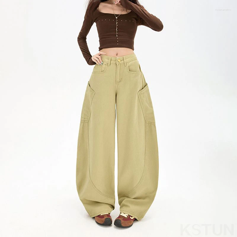 Women's Jeans KSTUN Baggy Green Women Wide Leg Curved Pants Loose Fit Cotton Trousers Vintage Threedimensional Large Pockets Trendy Z260313
