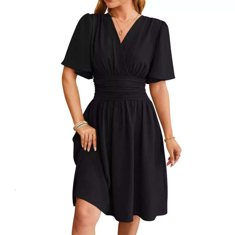 European American women's spring/summer V-neck cinched waist flared sleeve fashionable dress 2025 new style chic and elegant clothing