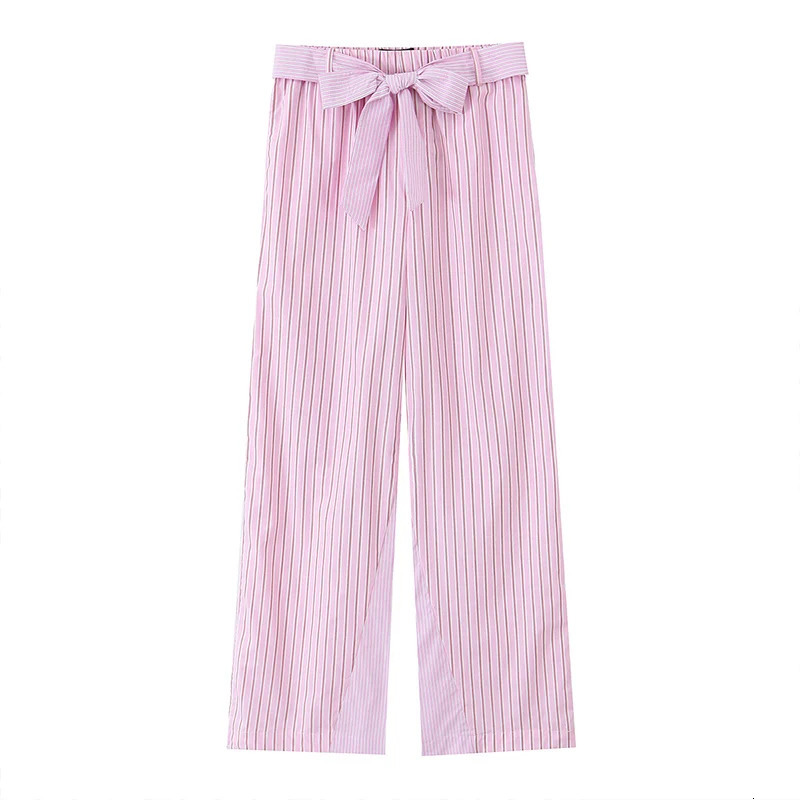 Willshela Womens Fashion 3Piece Pink Striped Shirt and Retro Trousers with Belt Thin Top Femle Chic Pants Set 250407