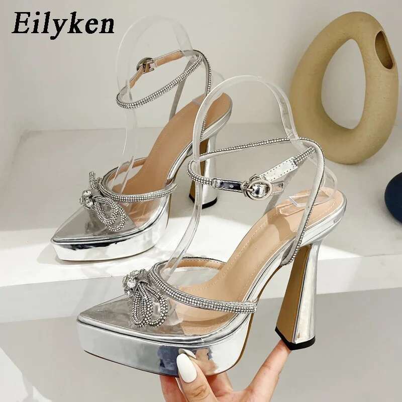 Eilyken Spring Platform Pointed Toe Women Pumps Design Transparent Crystal Butterfly-Knot Sexy High Heel Female Sandals Shoes