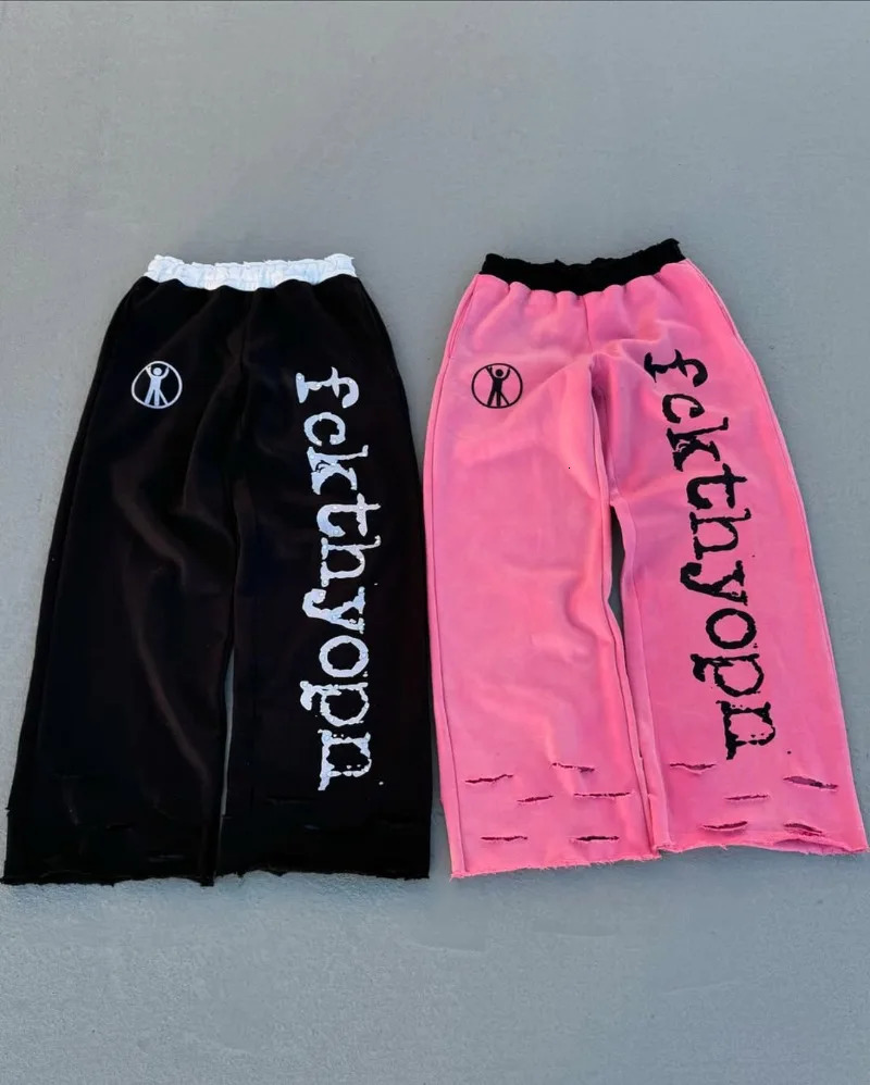 European and American trends Gothic letter high waisted casual pants for men Y2K streetwear loose Harajuku wide leg 250403