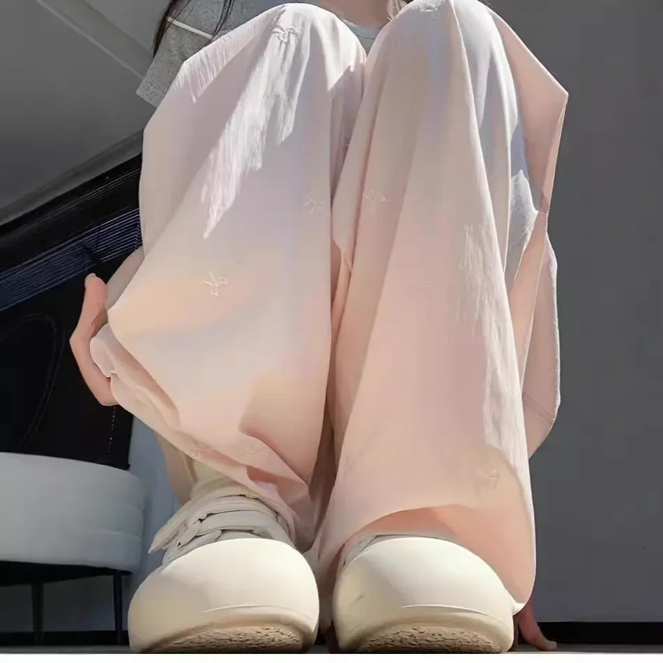 Embroidered Casual Pants Solid Color Summer Thin Straightening Leg Bell shaped Bottom Subtle Womens Close up Pants 250402