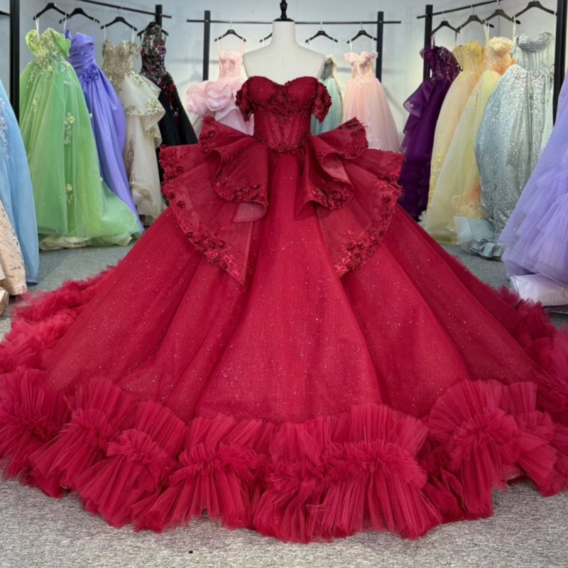 Red Shiny Princess Quinceanera Dresses Off Shoulder Applique Flower Beads Tiered Tull Sweet 16 Dress Ball Gown Vestidos 15 Anos