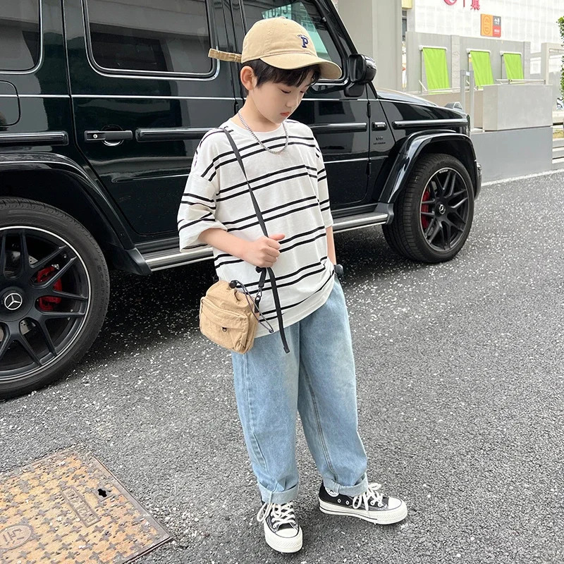 Summer Childrens Clothing Korean Style Boys Short-sleeved T-shirt Childrens Half-sleeved Striped Top Sportswear T-shirt 250407