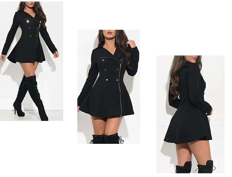 Black Jackets Women Zipper Trench Turn Down Collar Work Elegant Long Y2k Tops Autumn Spring Party Club Button Coats