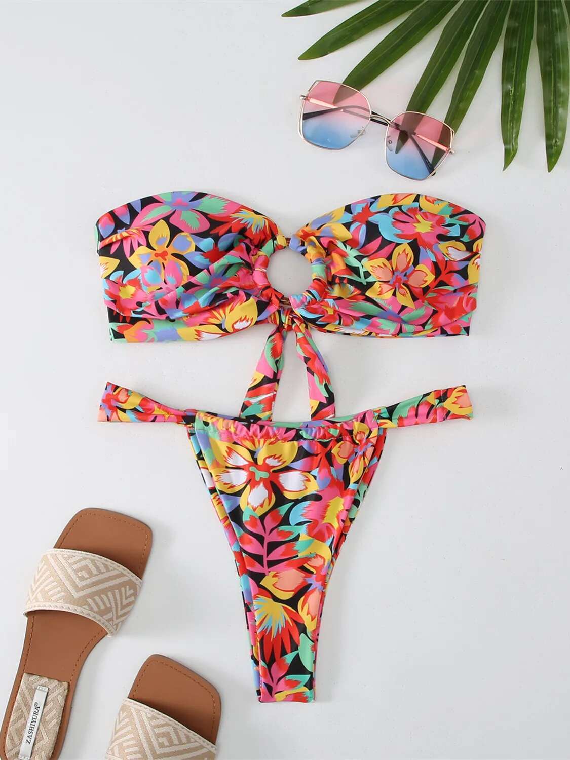 Dongdumaoyi Sexy Bandeau Bikini Set Women Yellow Floral Print Ring Linked Hollow Out Push Up Micro Swimsuit Bathing Suit Thong Swimwear
