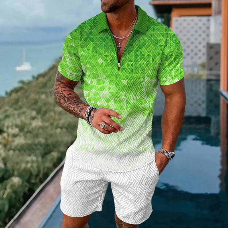 Trend Man Pullover solid color gradient 3D printed sportswear set casual zipper polo shirt shorts 2piece oversized summer clothing 250313