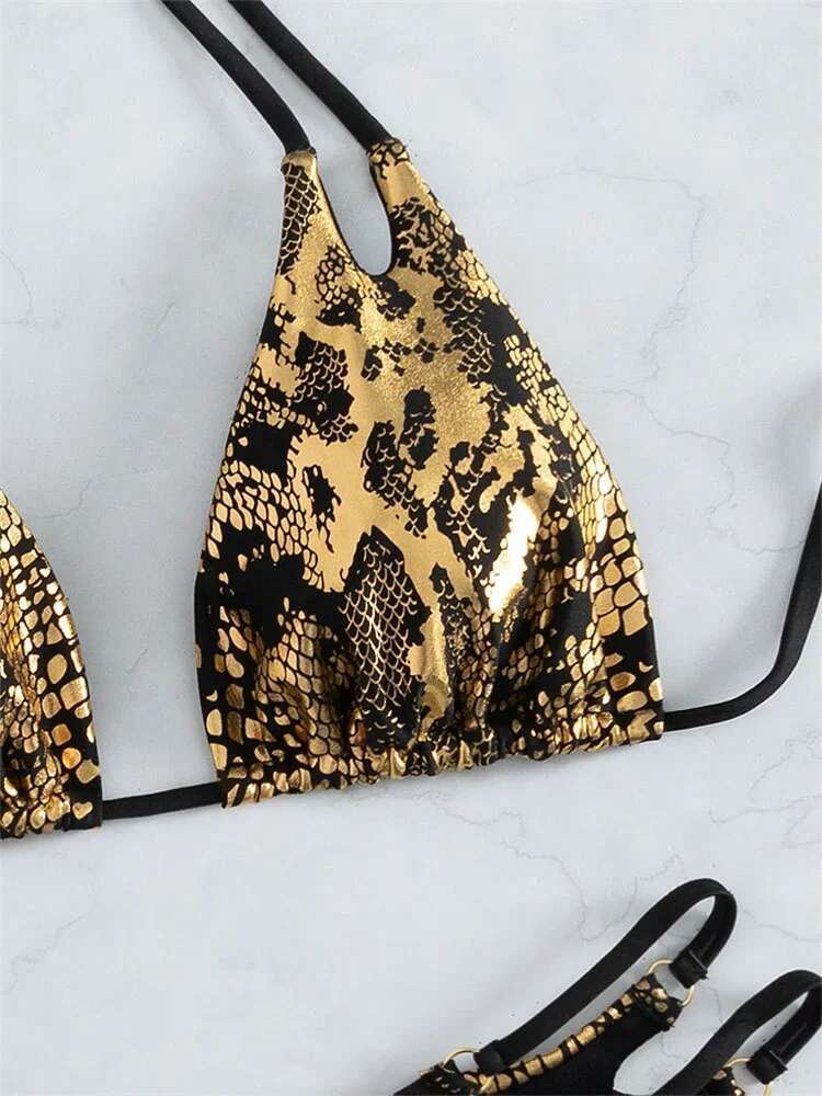 Dongdumaoyi Sexy Gold Snake Print Bikini Women Halter Cut Out Push Up Micro Swimsuit Summer Bathing Suit Lace High Waist Swimwear
