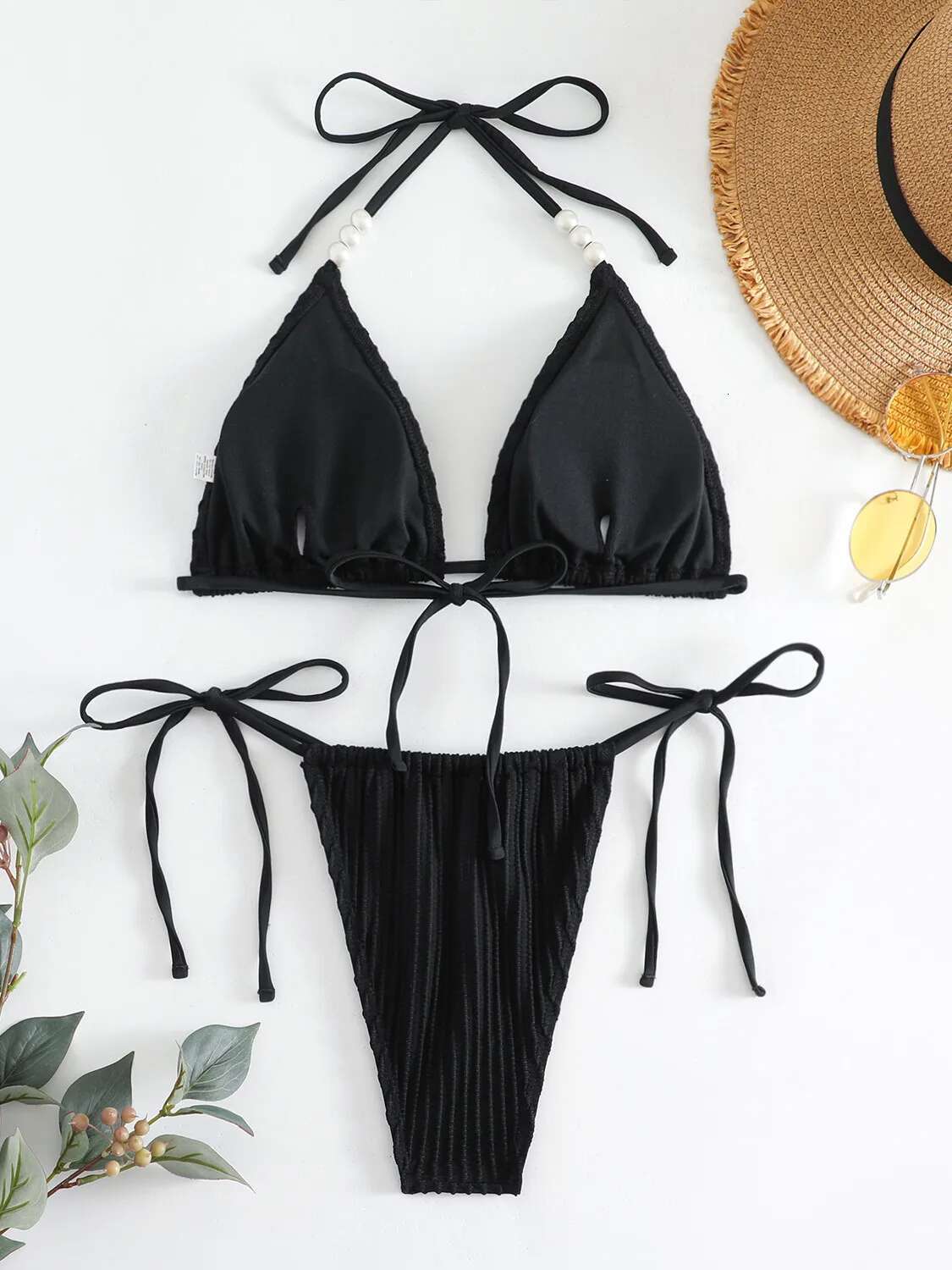 Dongdumaoyi Sexy Pearl Strap Bikini Women Black White Push Up Ribbed Micro Swimsuit Brazilian Bathing Suit Tie Side Triangle Swimwear