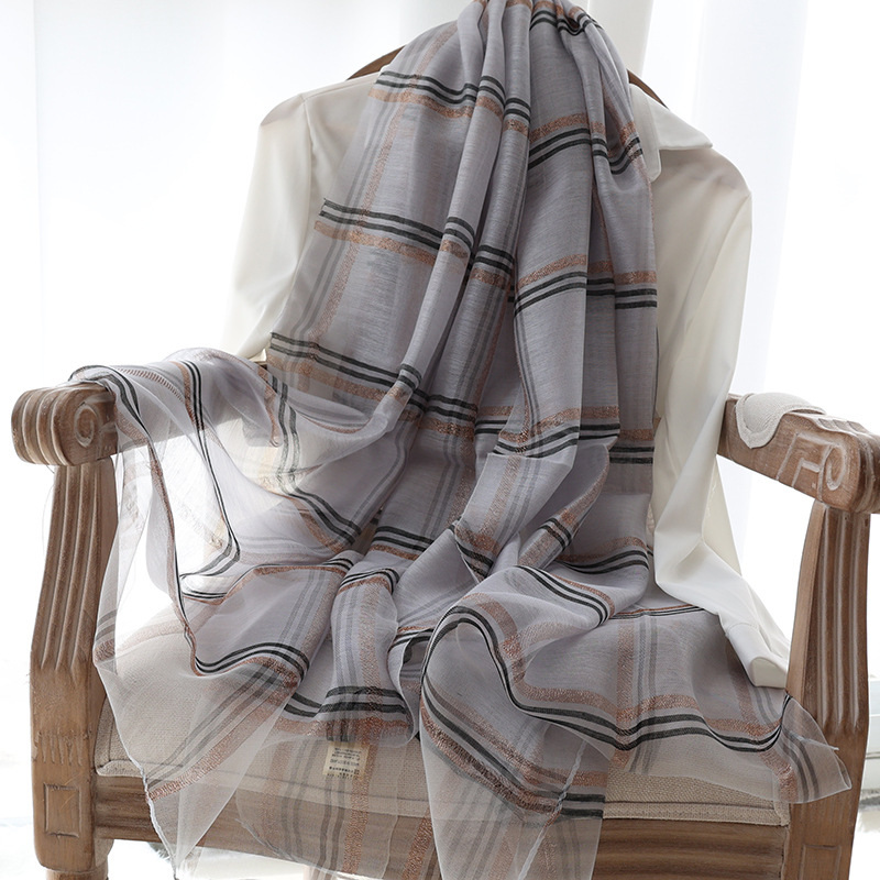 K329 Spring and autumn silk wool all-match scarf women's gold thread large plaid silk scarf autumn mulberry silk thin shawl long gauze scarf