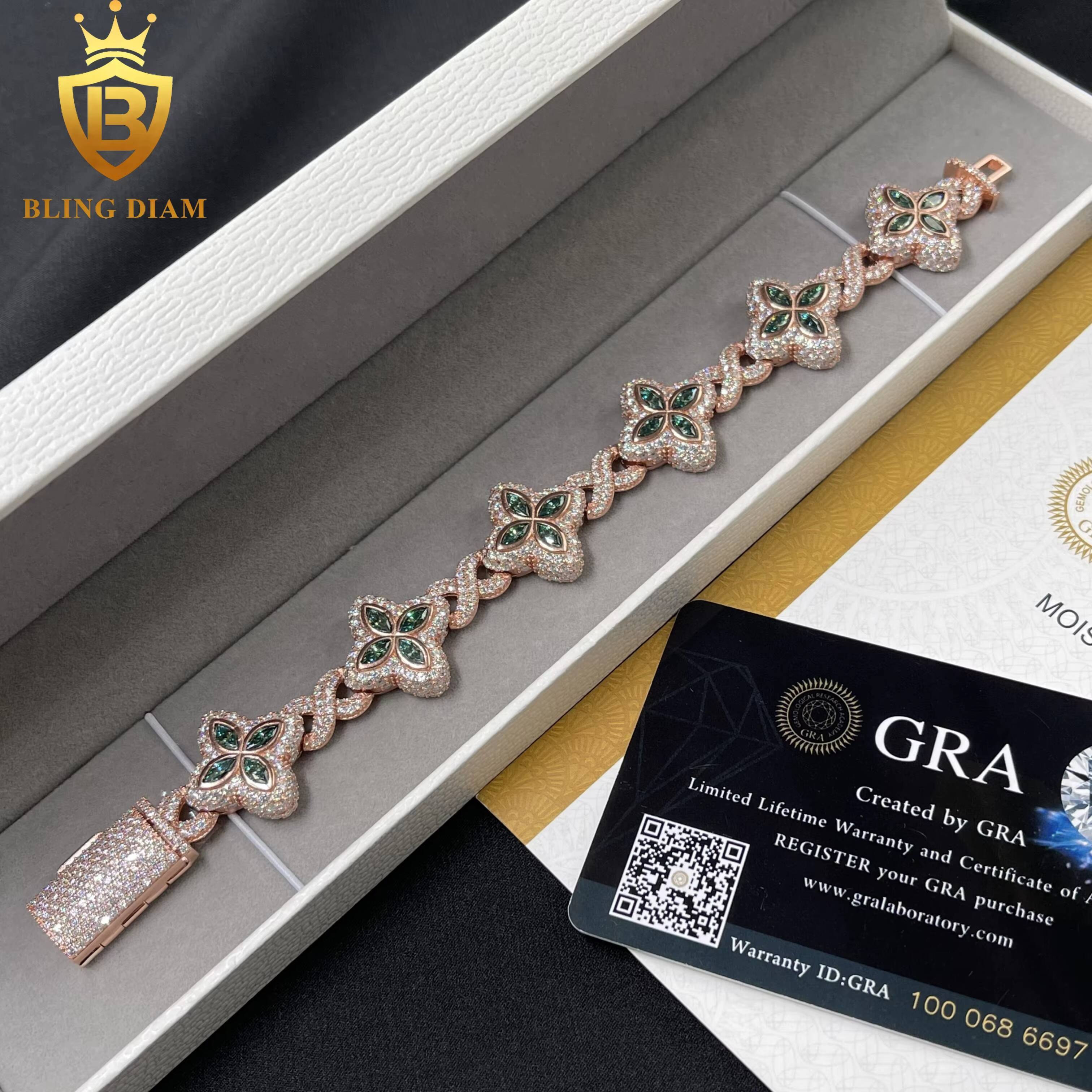 Hot Selling Design Hip Hop Jewelry Iced Out Marquise Cuban Link Chain VVS Moissanite Four-Leaf Clover 18mm Bracelet