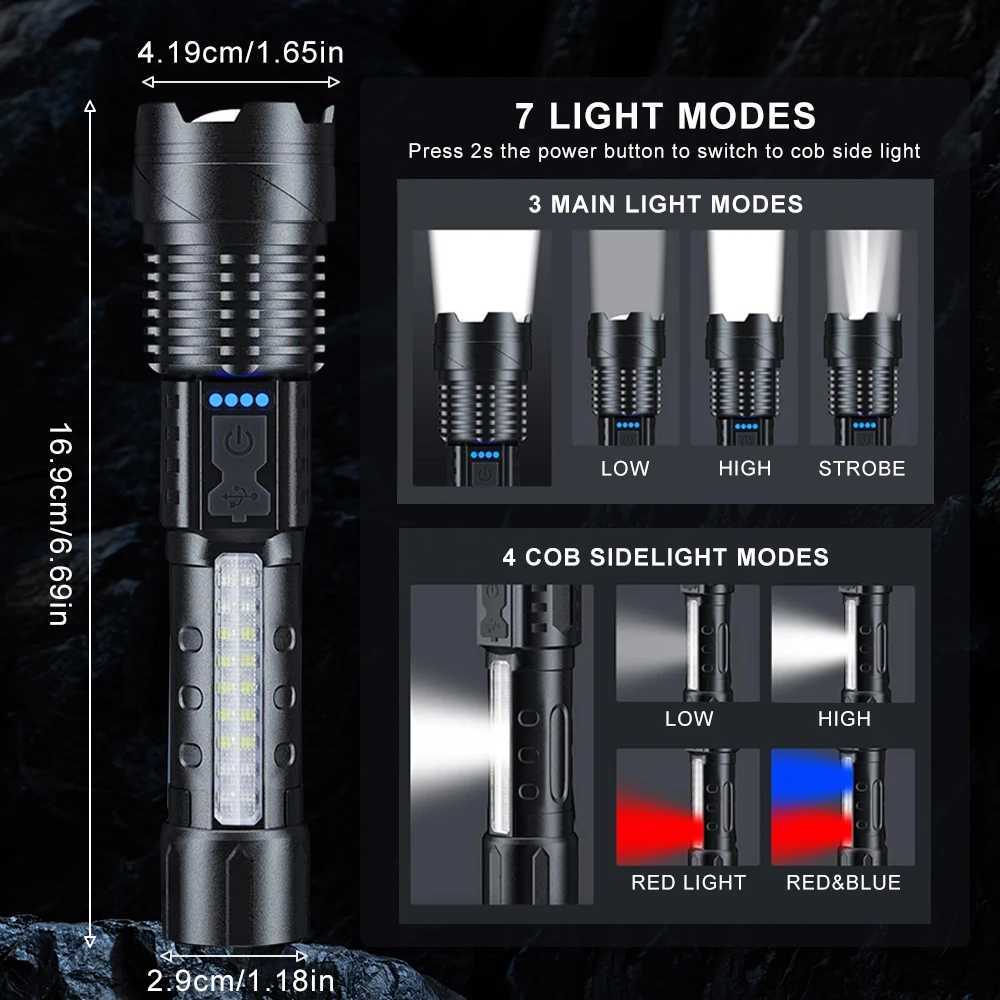 Zoomable Super Bright Flashlight 30W 7Mode COB LED Tactical Flashlight Portable Rechargeable Outdoor Lamp Built in BatteryW251106