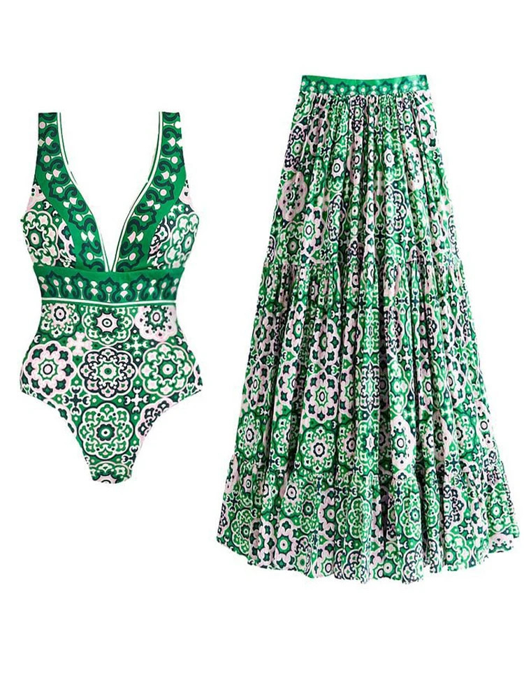 Womens Three Piece Set Print Swimsuit Sexy Bodysuit High Waist With Skirt Summer Beachwear Whole Swimsuits Female 250313