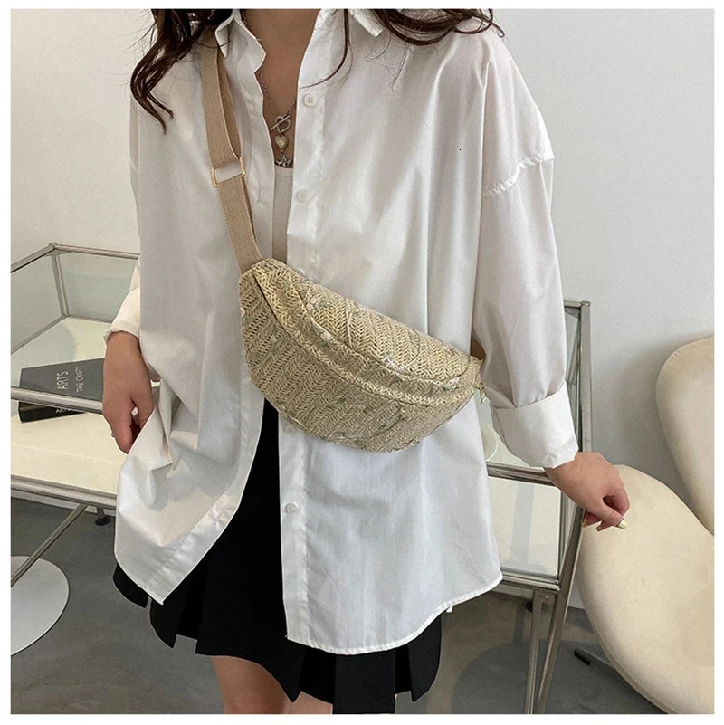 Womens suspender backpack chest cross body bag fashionable straw woven small waist bag summer casual messenger shoulder bag 250402