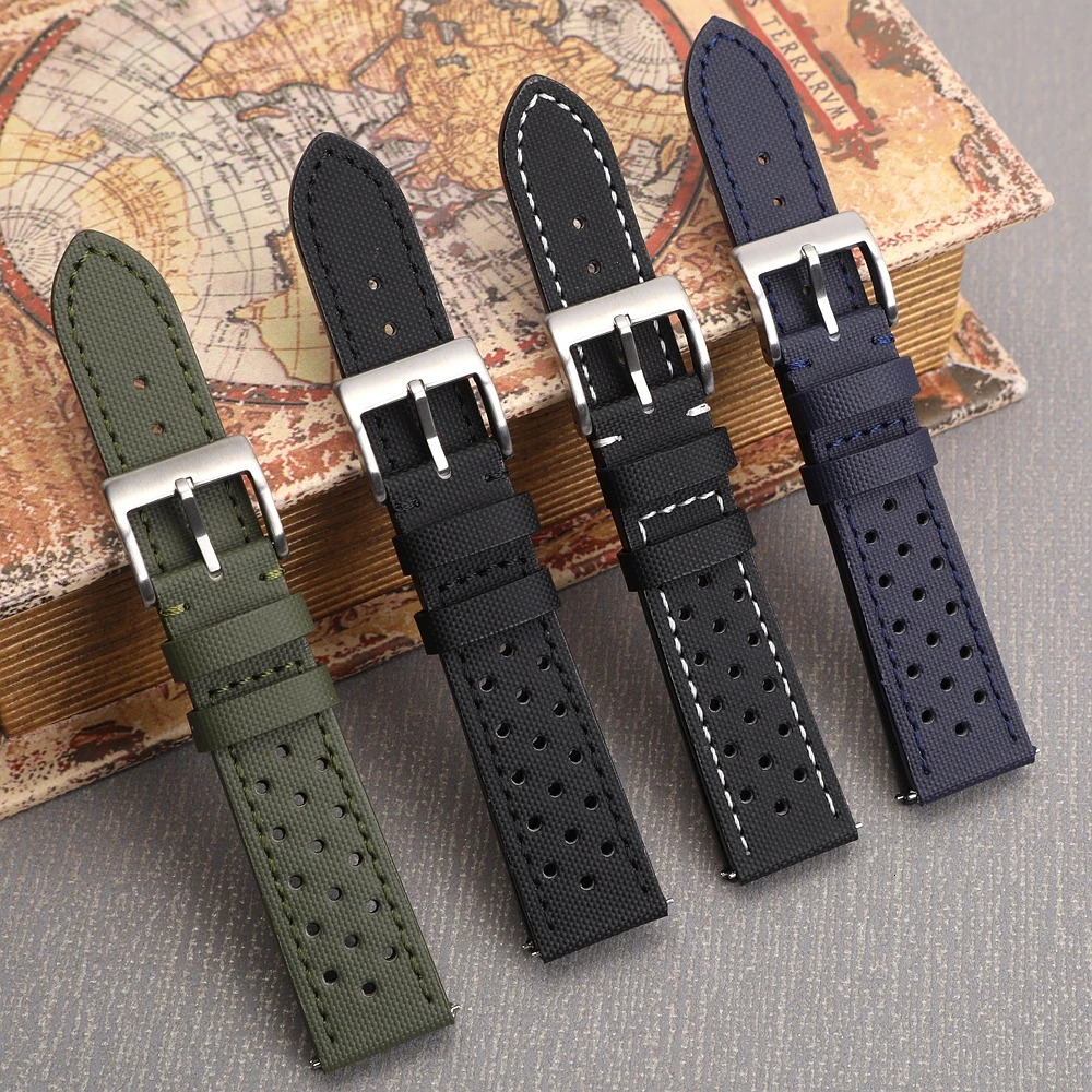 Rally Watch Band Quick Release Durable Sailcloth Leather Strap 18mm 19mm 20mm 22mm Watchband Accessories Perforated Belt 251107