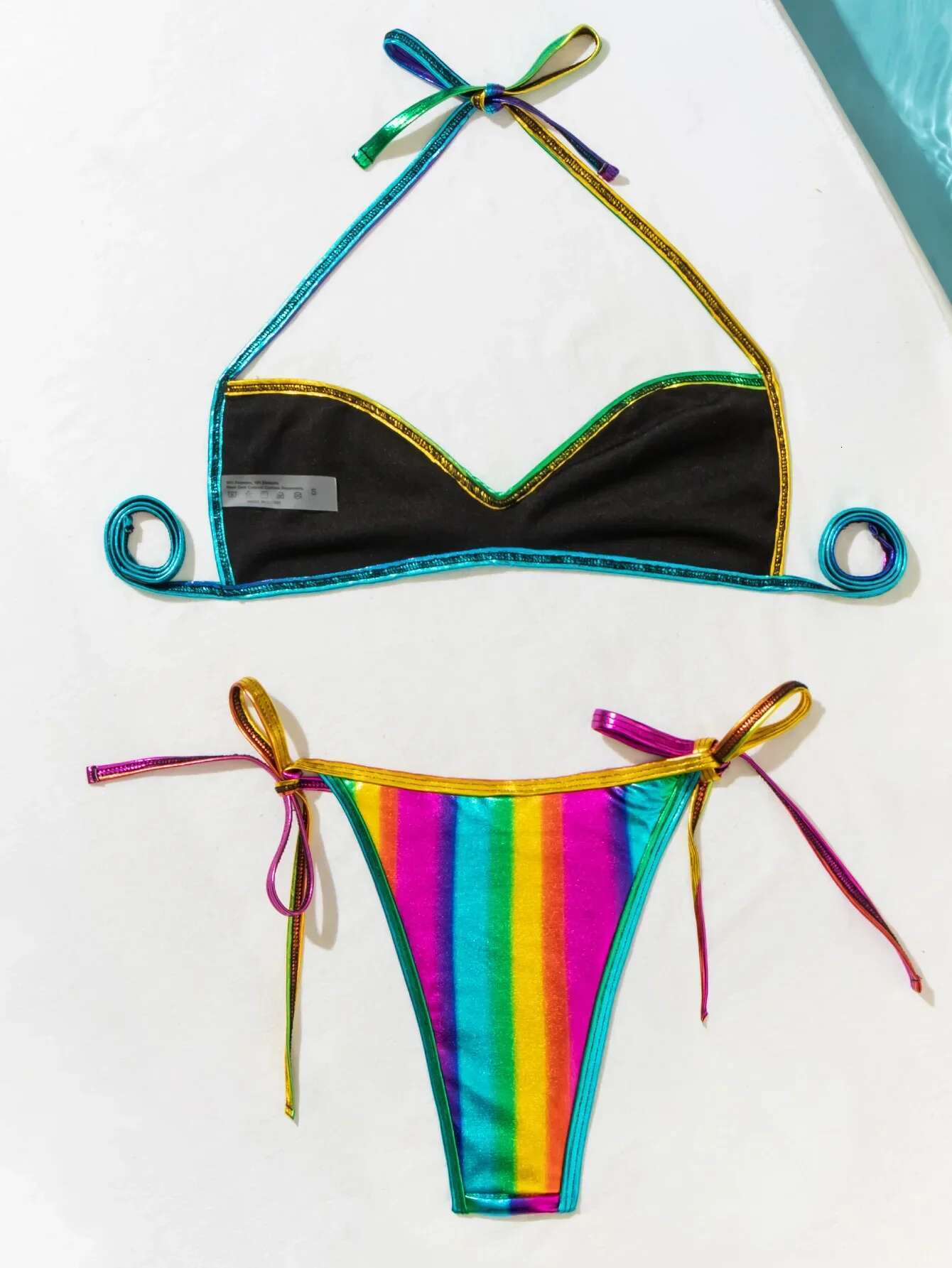 Dongdumaoyi Sexy Brozing Rainbow Gradient Bikini Women Halter Pleate Push Up Bra Tie Side Thong Swimwear Beach Bathing Suit Swimsuit