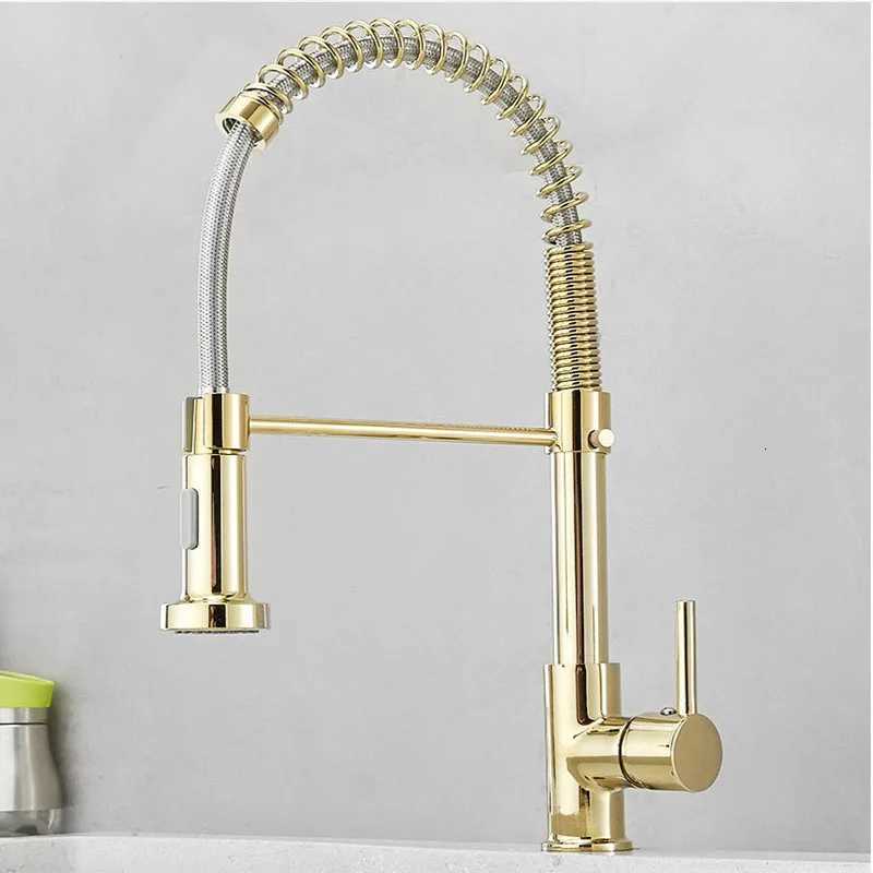 Gold Kitchen Sink Faucet One Handle Spring Hot and Cold Water Tap Deck Mounted Bathro Matte Black Kitchen Crane H251107