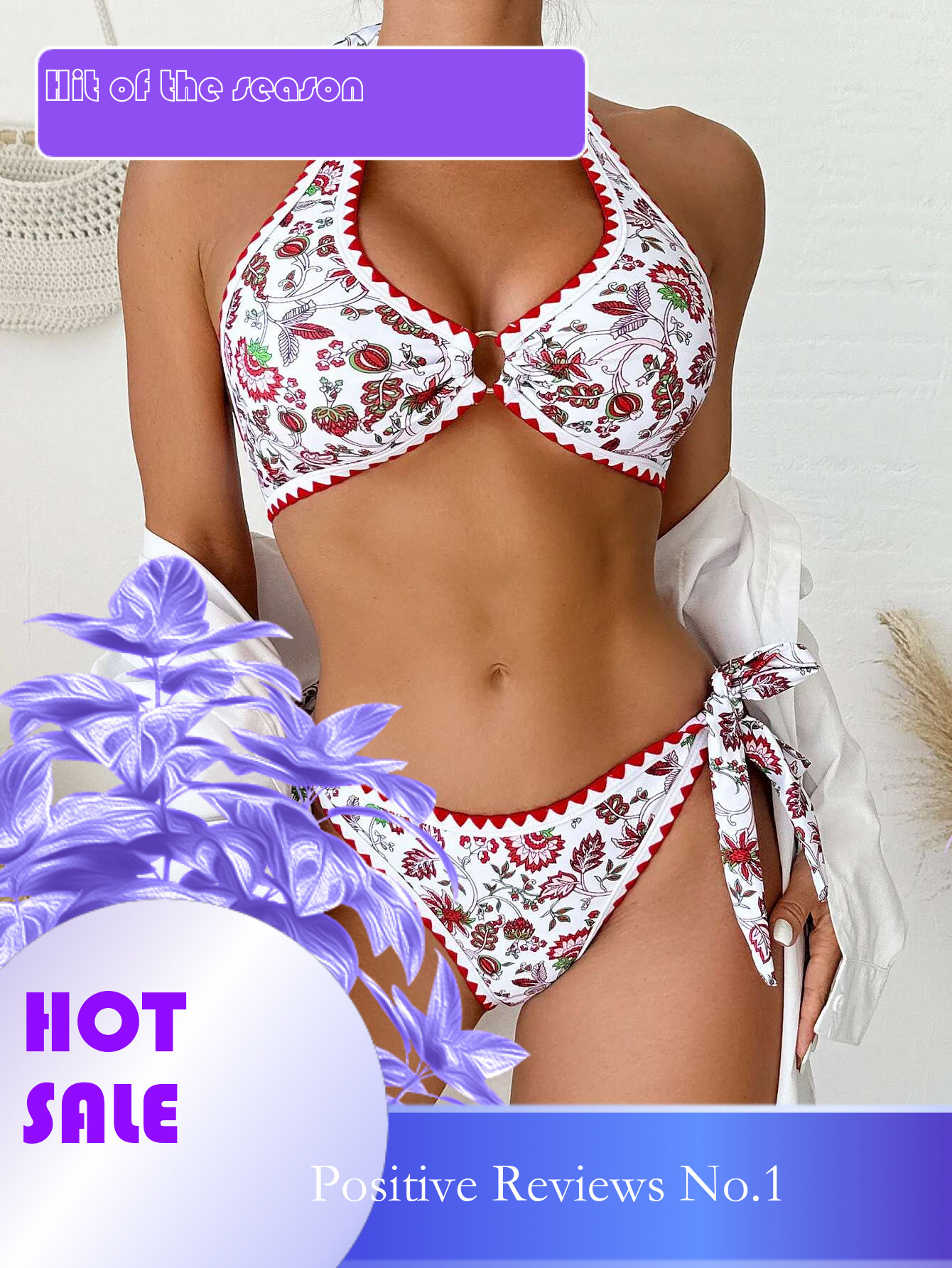 Dongdumaoyi Sexy Red Floral Print Bikini Set Ring Linked Push Up Micro Swimsuit Brazilian Cut Out Bathing Suit Tie Side Thong Swimwear