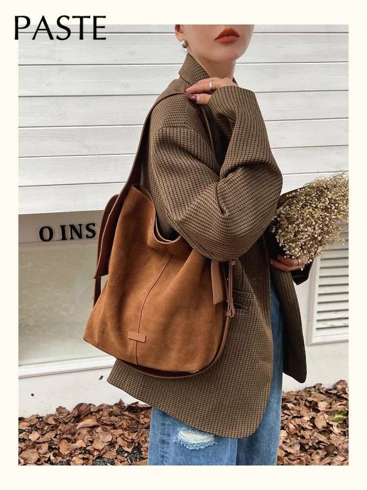 Ins Chic Slouchy Style Soft Touch Bucket Tote Big Genuine Suede Leather Women Shoulder Bag Matte Nubuck Office Ladies Handbag