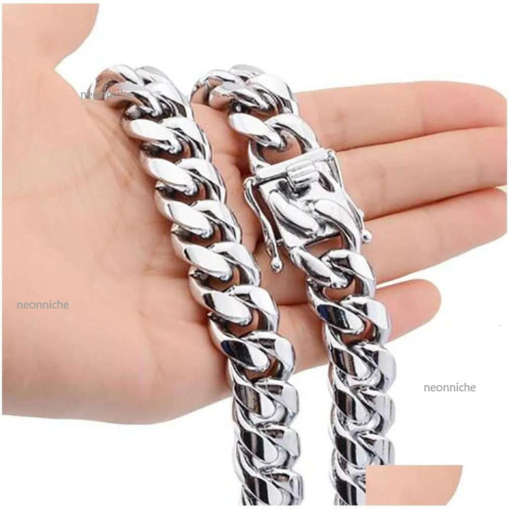 Chains Gold Plated Stainess Steel 10Mm 12Mm 14Mm Polished Miami Cuban k Necklace Men Punk Curb Chain Double Safety Clasp 18Inch Ot06H