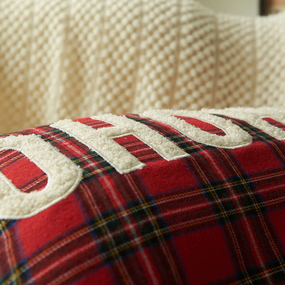 New Christmas Printed Red and Green Plaid Letter Embroidery Cushion Cover Home Fabric Pillowcase