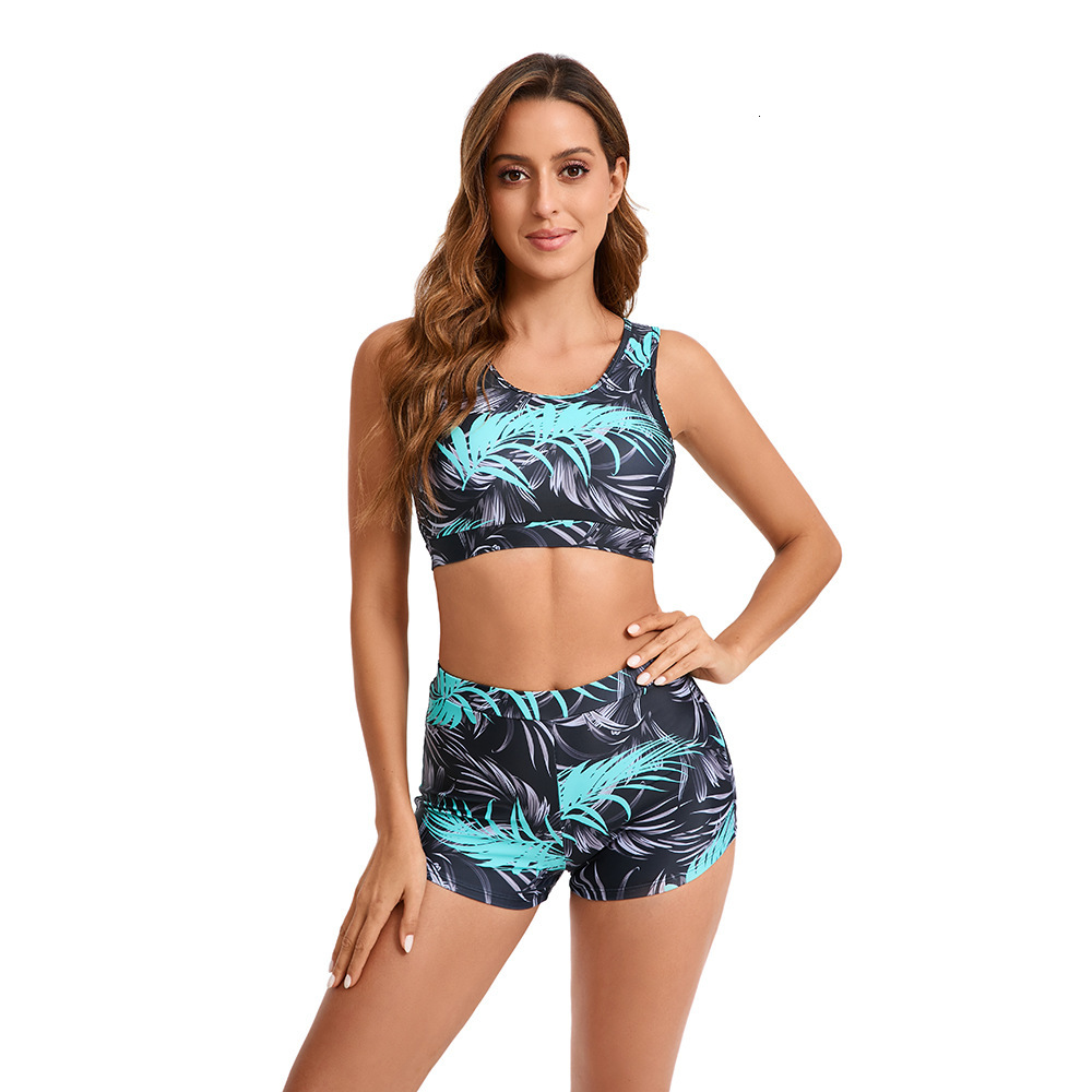 Fashion sports new vest, flat corner shorts, digital printing, multi-color split tight swimsuit for women