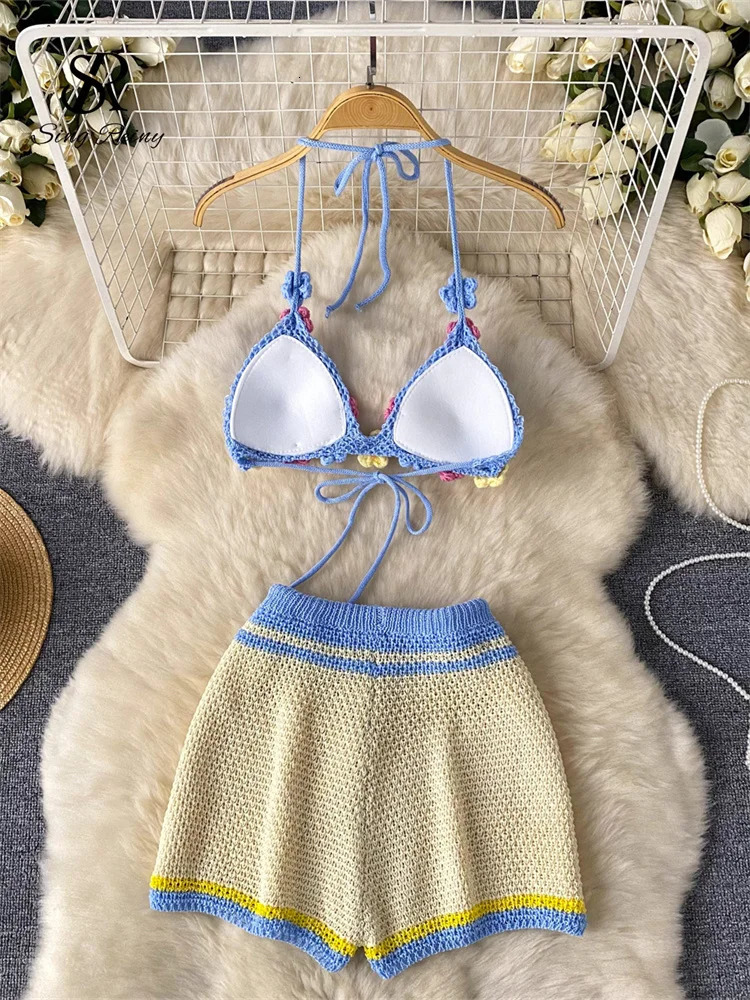SINGREENY Bohemian Sexy Knitted Set Womens Lace Top Mini CamisShorts Fashion Strap Resort Style Beach 250313
