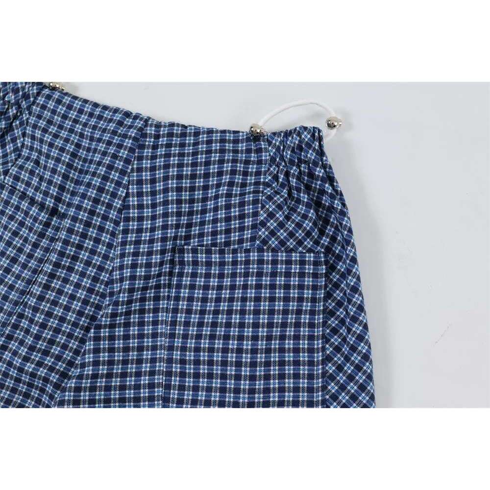 Plaid Spliced Casual Pants Mens High Street Drawstring Elastic Waist Loose Wide Leg Trousers Men
