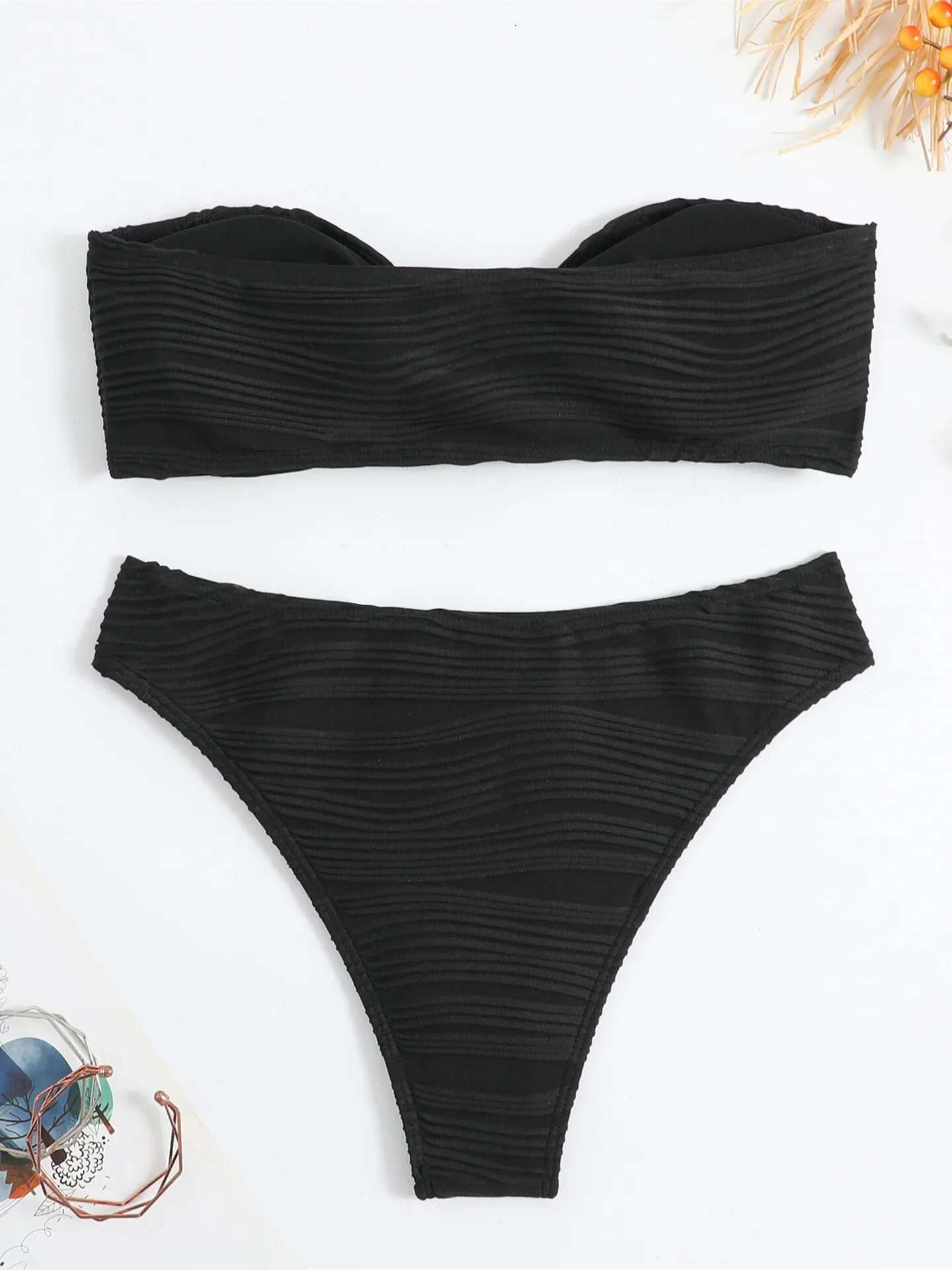 Dongdumaoyi Sexy Bandeau Bikini Women Front Tie Up Swimsuit Green Black Off Shoulder Cut Out Push Bathingh Suits Triangle Swimwear