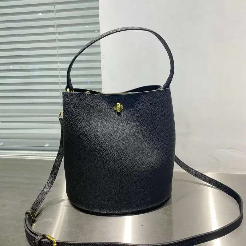 Retro Coffee Solid Color Bucket Tote 100% Genuine Women Shoulder With Wide Straps T Cow Leather Crossbody Bag