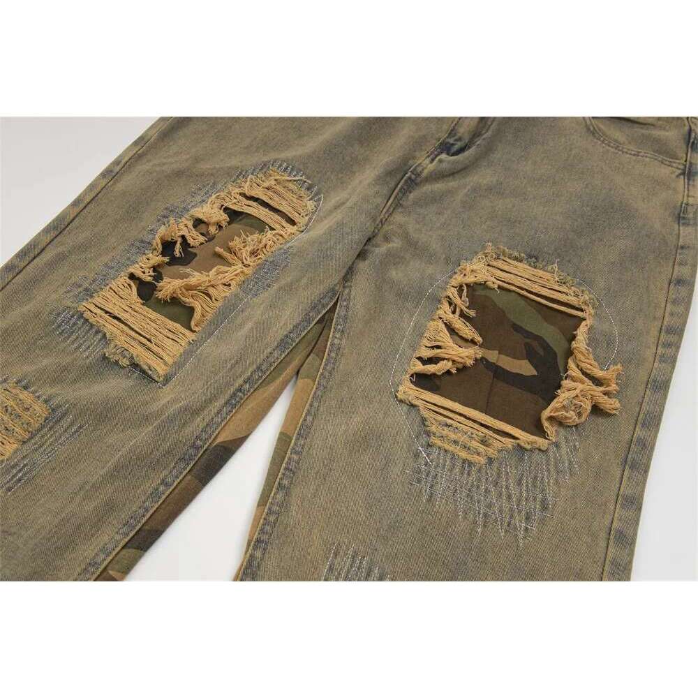 Ripped Patchwork Denim Flare Pants Mens Raw Edge High Street Washed Distressed Loose Beggar Jeans Men Trousers